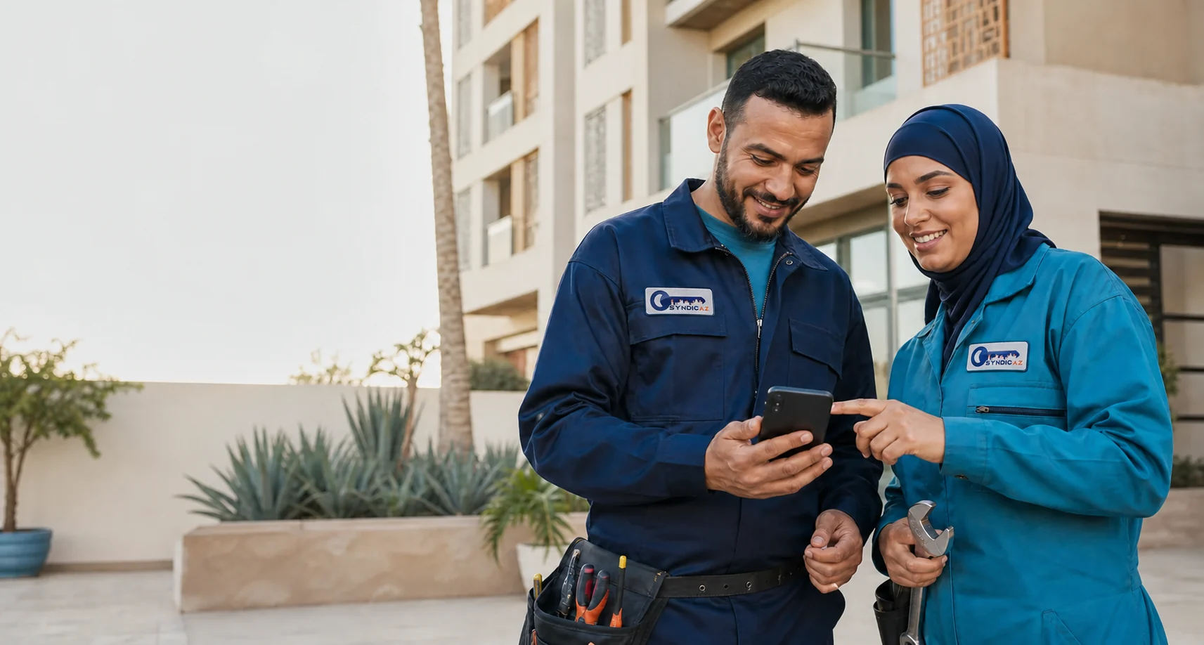 Artisans marocains en uniforme Syndic AZ utilisant SyndicFlow pour recevoir des demandes d’intervention