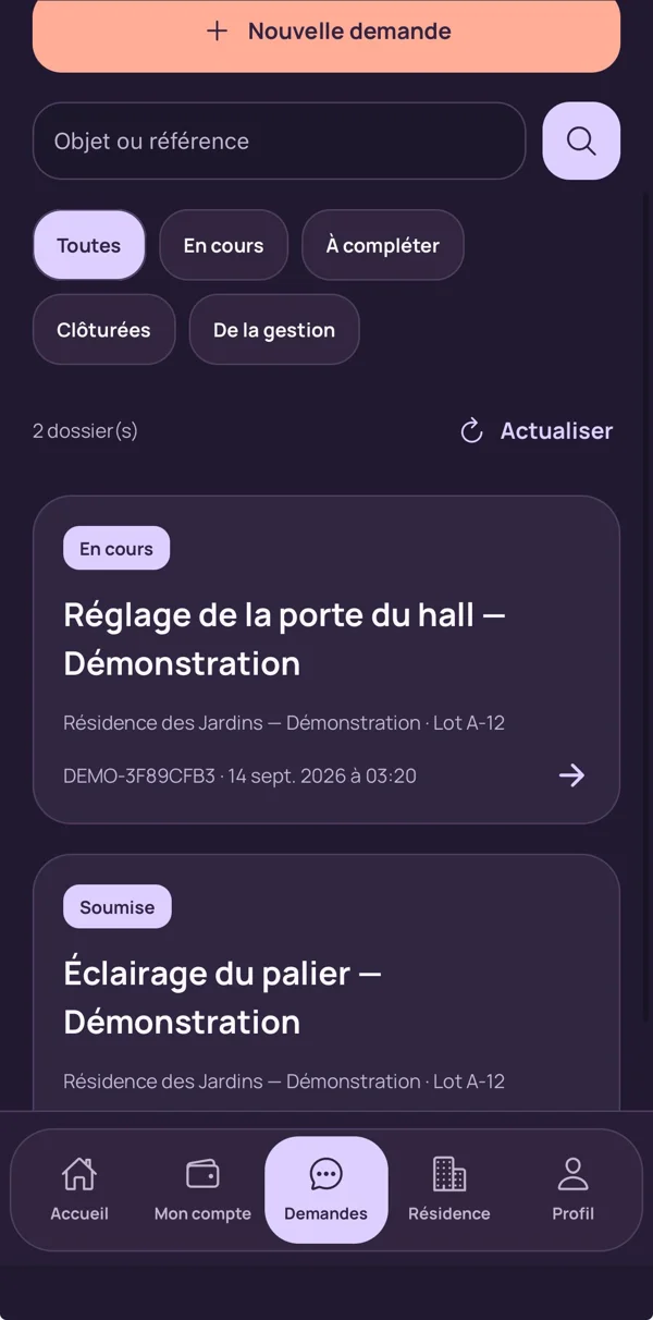 Liste des demandes dans SyndicFlow, avec leurs statuts